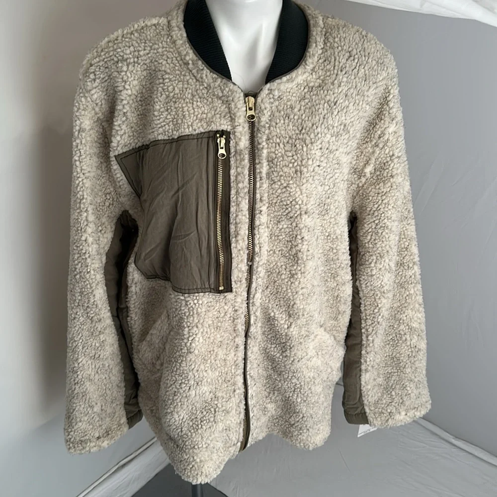 Free People Rivington Sherpa olive and ivory full zip jacket